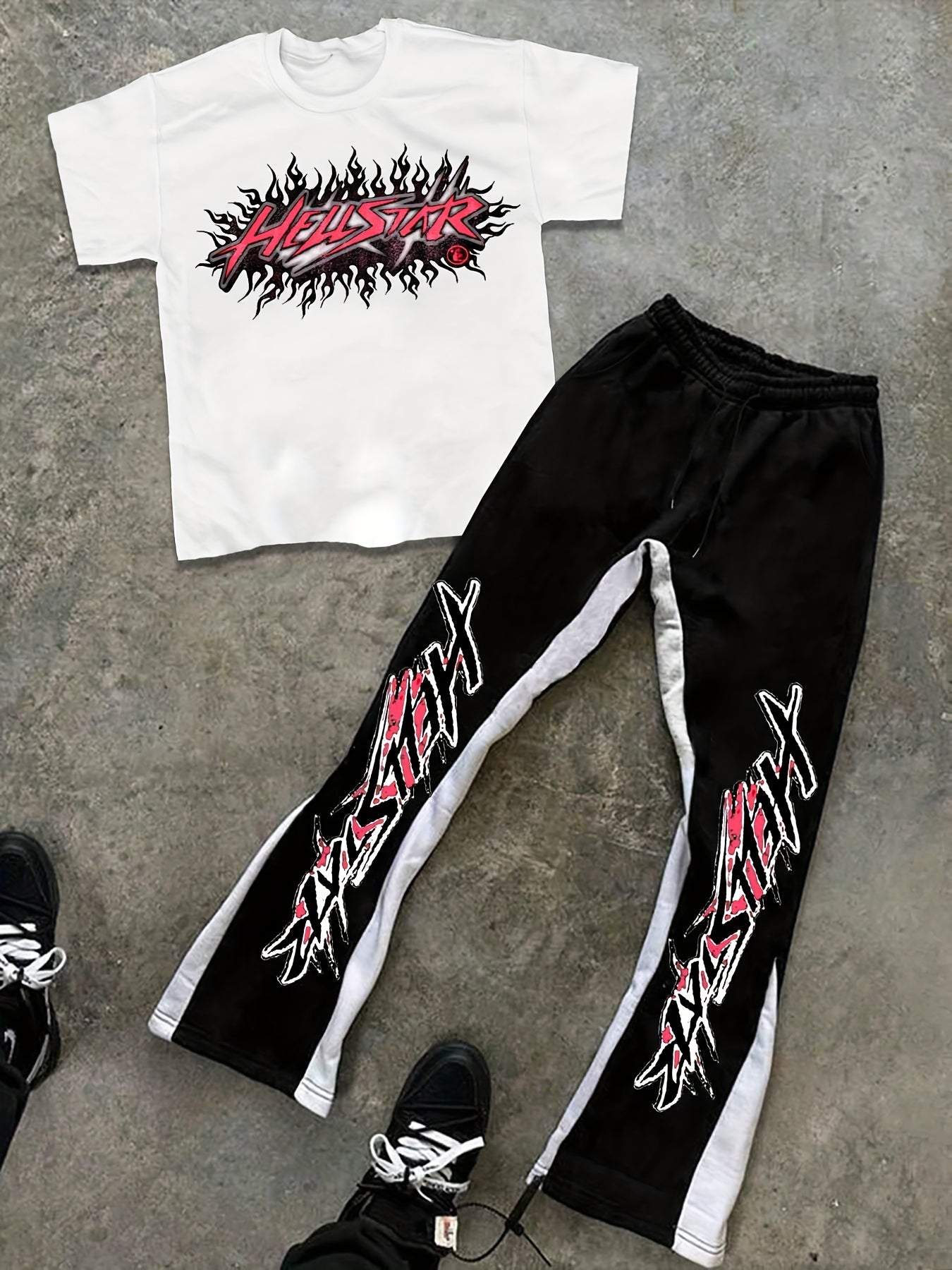Hellstar T-Shirt and Bell Bottoms Set, Crew Neck Short Sleeve Tee, Polyester 100%,