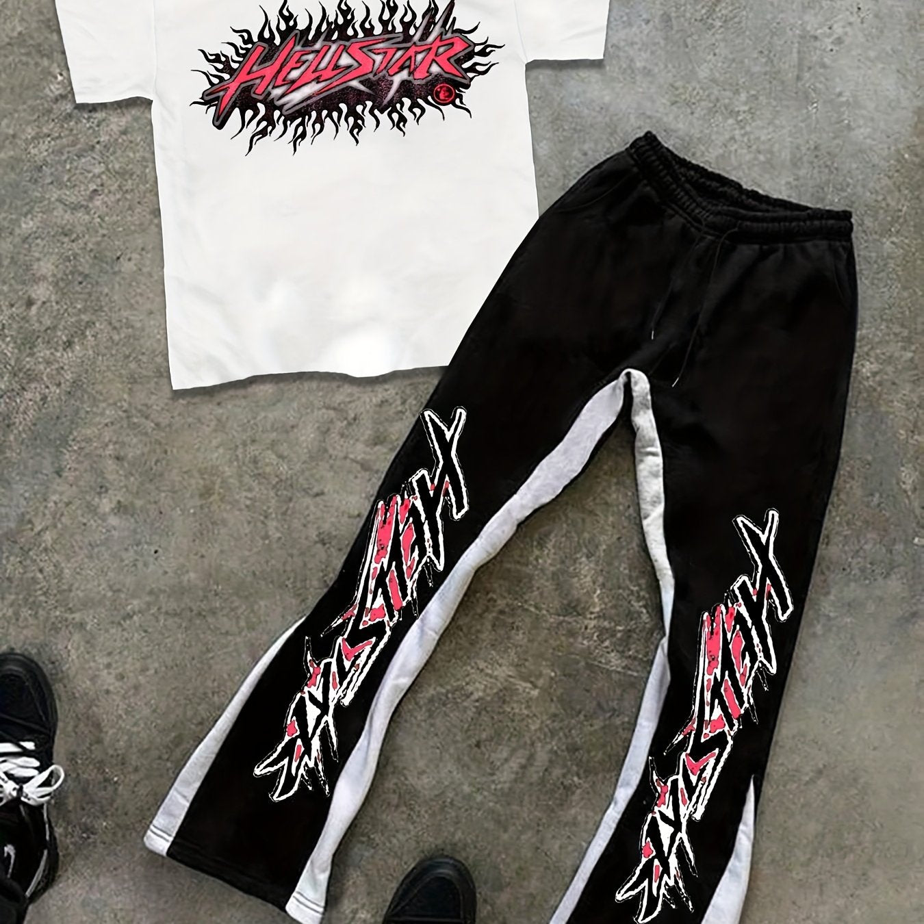Hellstar T-Shirt and Bell Bottoms Set, Crew Neck Short Sleeve Tee, Polyester 100%,